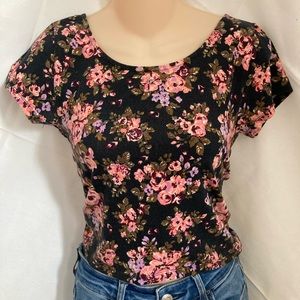 Black and Pink Floral Crop Top with Appliqué Lace Back